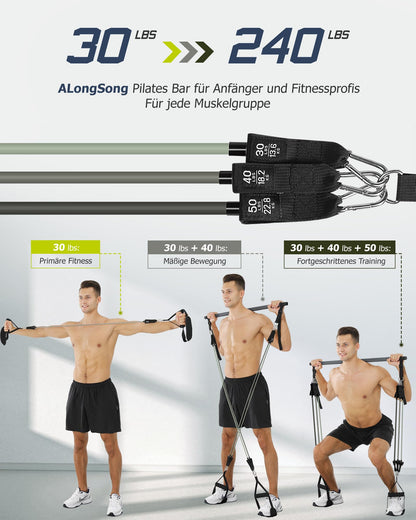 ALongSong Pilates Bar Fitness Set - 6 Bänder grau 30/40/50lbs