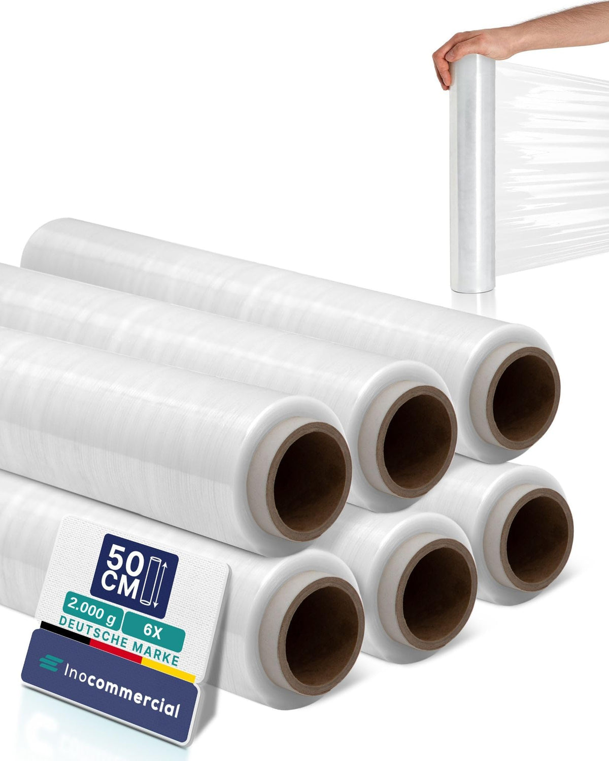 Inoverse Stretchfolie transparent, 6 Rollen à 50 cm x 300 m, Wickelfolie für Möbel und Paletten