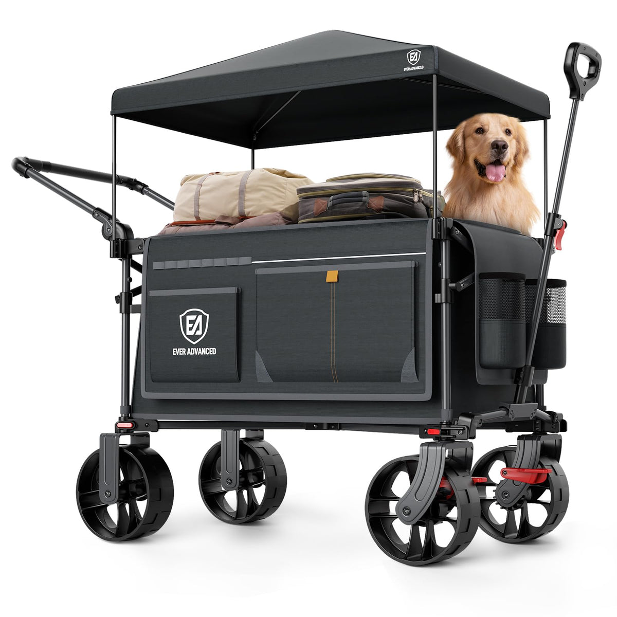 EVER ADVANCED Bollerwagen XXL faltbar 225 L bis 150 kg mit Dach – abnehmbares Sonnendach und breite Räder