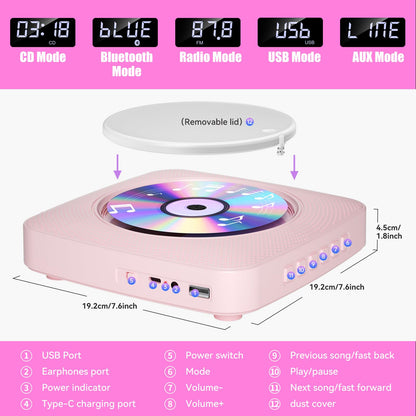 Gueray Desktop CD-Player mit Bluetooth und FM-Radio, Rosa