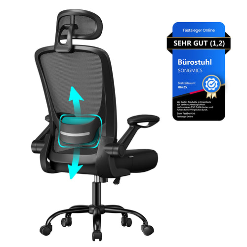 SONGMICS OBN047B01 Bürostuhl. Tintenschwarzer Drehstuhl mit Rückenlehne und Armlehnen bietet ergonomische Unterstützung für langes Sitzen.