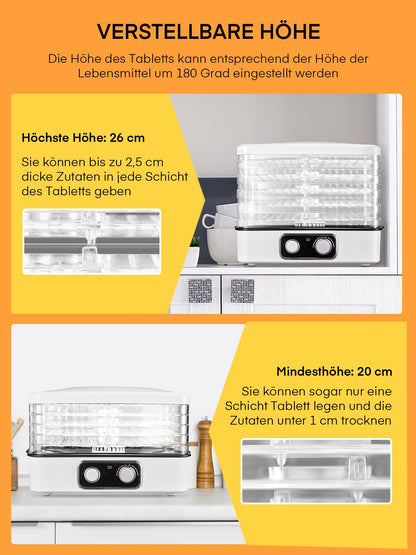 FOHERE Dörrautomat GGJ-320A Dörrgerät mit 5 Einlegefächern, 35–70 °C