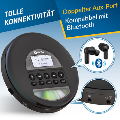 KLIM Nomad Tragbarer CD-Player mit Bluetooth und Kopfhörer