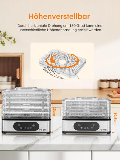 FOHERE Dörrautomat Edelstahl – 5 höhenverstellbare Tabletts