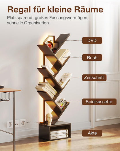 Coleshome Bücherregal Baumform mit Lichtband, 6 Ebenen, Schwarz