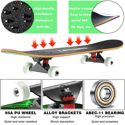 LAYENNE Skateboard Komplettboard 31 x 8 Zoll, 7-lagiges Ahorn