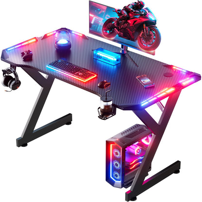 HLONONE Gaming Tisch mit LED, Computertisch 100 x 60 cm, Schwarz mit Kohlefaserbeschichtung