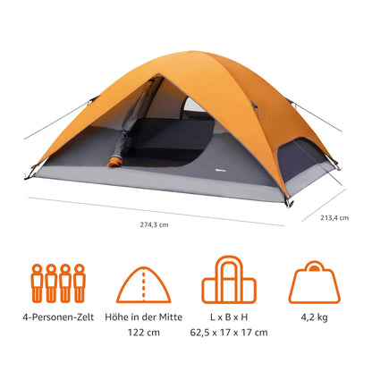 Amazon Basics Kuppelzelt für 4 Personen, wasserdicht, Orange/Grau