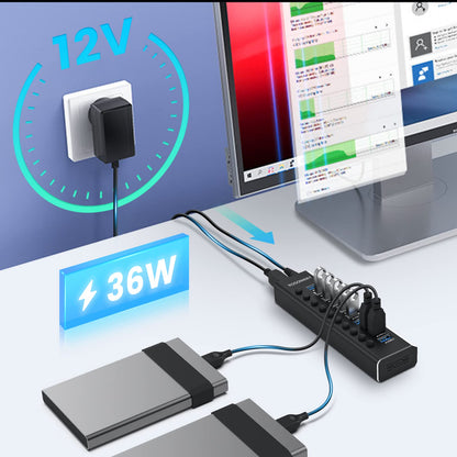 RSHTECH USB 3.0 Hub aktiv 10-Port Aluminium mit 36W Netzteil, RSH-A10
