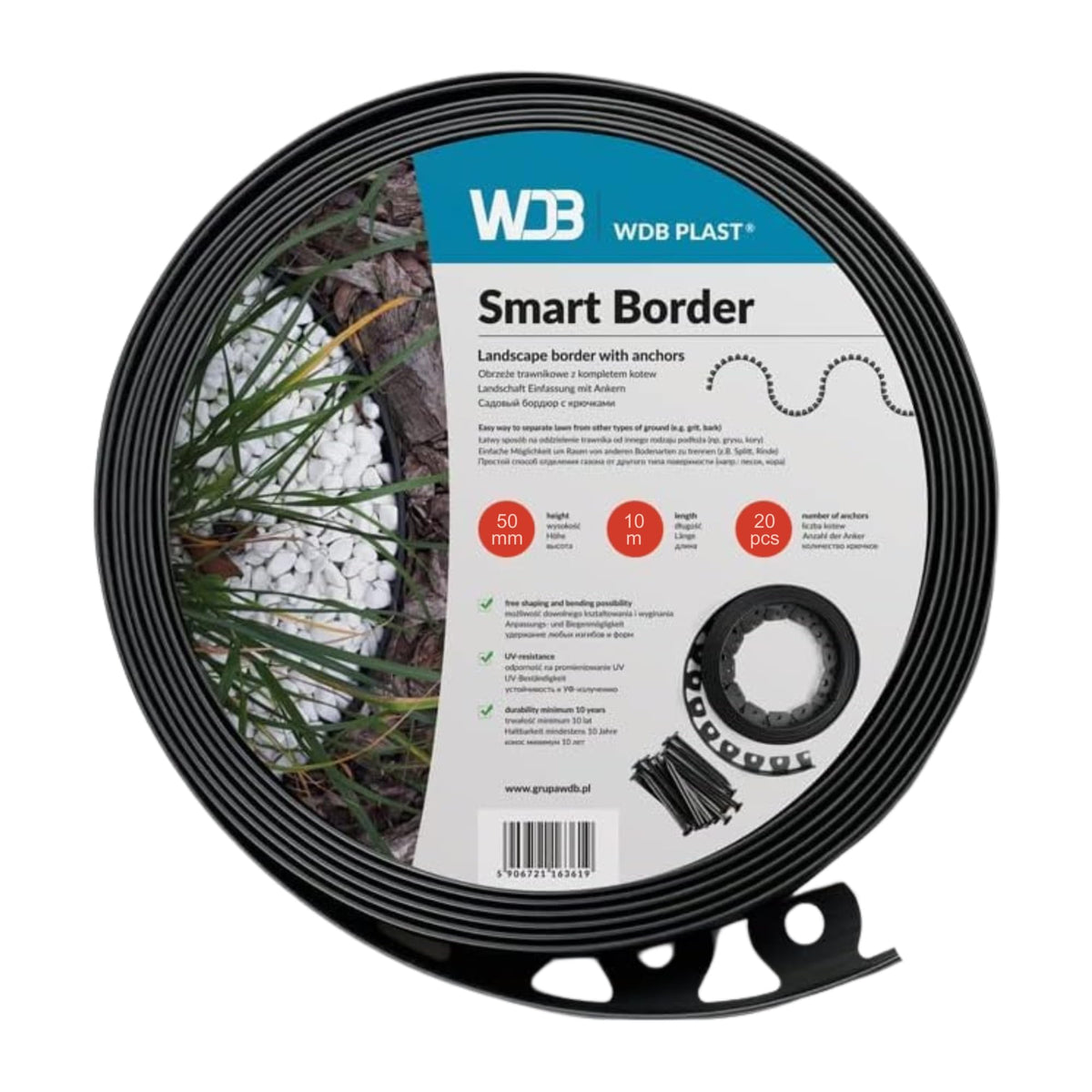WDB Flexible Rasenkante aus Kunststoff, 20 m, schwarz, inkl. 40 Nägel – formbare Einfassung für Rasen und Beete