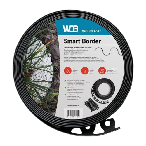 WDB Flexible Rasenkante aus Kunststoff, 20 m, schwarz, inkl. 40 Nägel – formbare Einfassung für Rasen und Beete