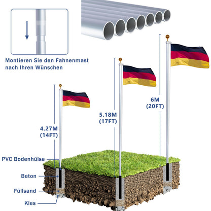 NQ Fahnenmast Set 6 m, Aluminium, höhenverstellbar, silber