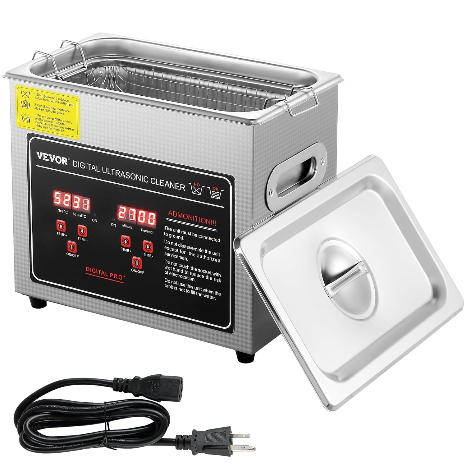 VEVOR Ultraschallreiniger 3L 150W Edelstahl mit Digitalanzeige. Reinigt präzise durch Ultraschallkavitation für Schmuck und Brillen.