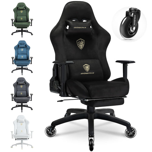 Dowinx Gaming Stuhl ergonomisch mit Fussstütze, 200 kg, schwarz, Bezug aus Wildlederimitat, 3D-Armlehnen