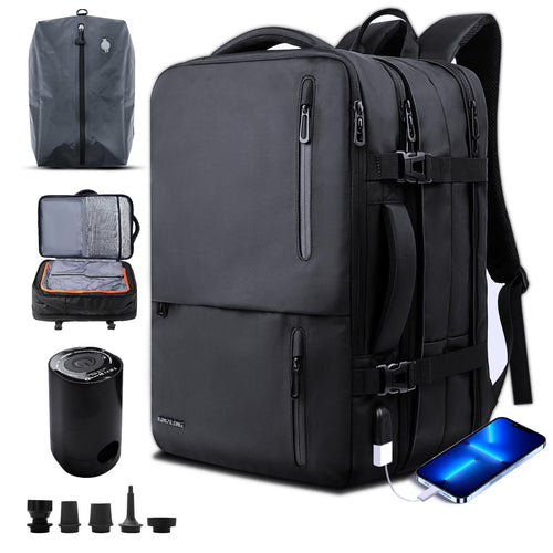 TravelGo Vakuum Laptop Backpack 46L – Handgepäck Rucksack Schwarz. Vakuum-Komprimierung für Laptop-Transport im Handgepäck.