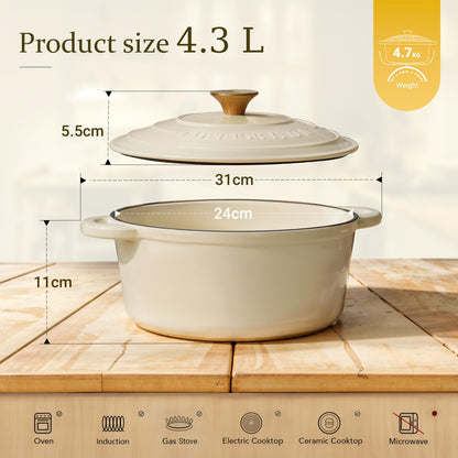 Overmont Gusseisen Bräter Schmortopf 24cm emailliert - Weiss