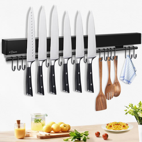 Dmore Magnetleiste Messer 59 cm, magnetisch mit 15 Haken, schwarz, Messerhalter aus Edelstahl
