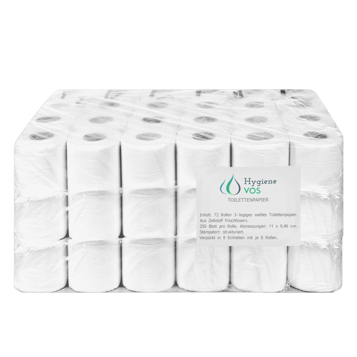Hygiene VOS Toilettenpapier 3-lagig, 72 Rollen, 250 Blatt, weiss – Vorratspackung aus Frischfaserzellstoff