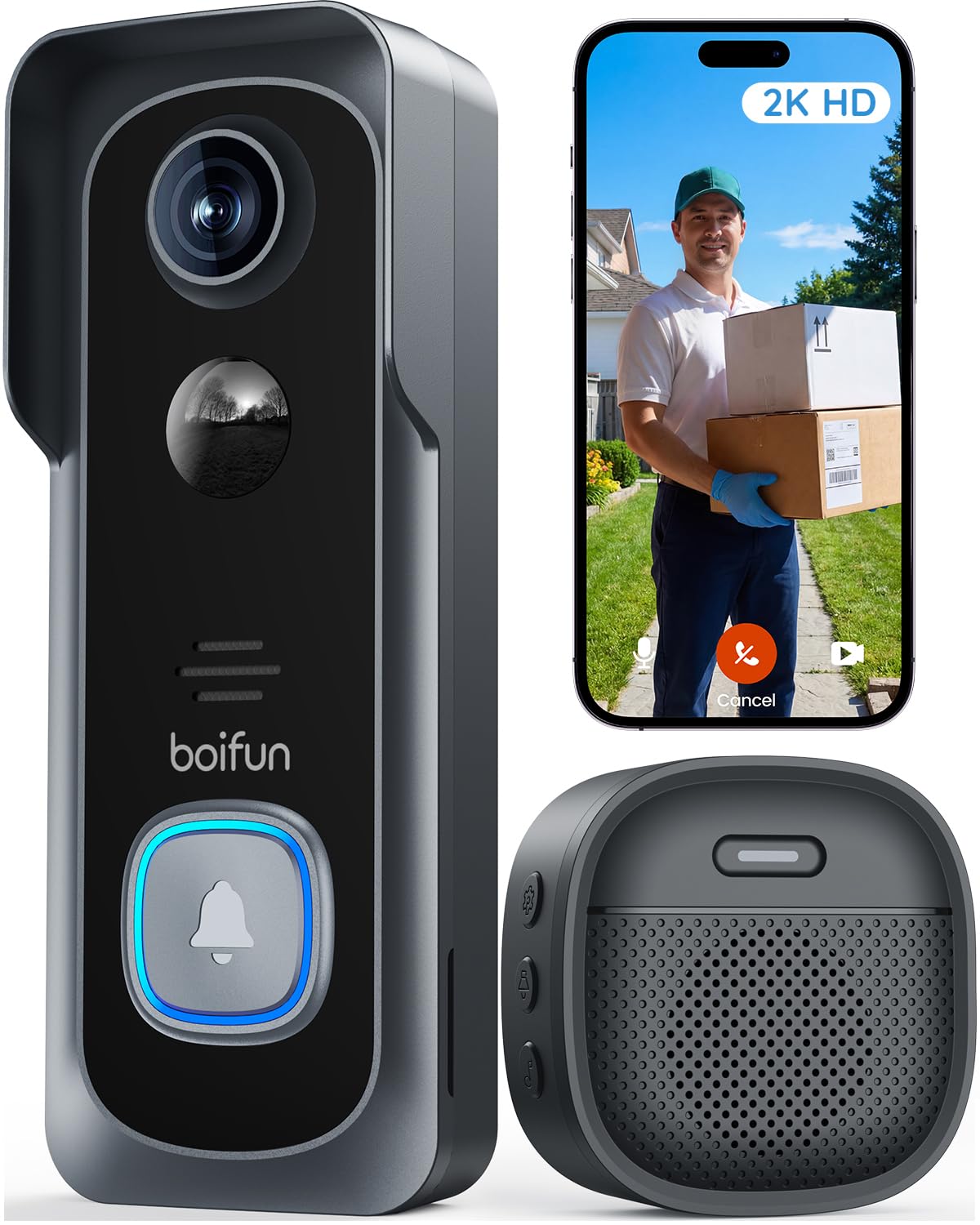 BOIFUN WLAN Video Türklingel mit Kamera 2K, Nachtsicht und Chime, J1, kabellose Montage