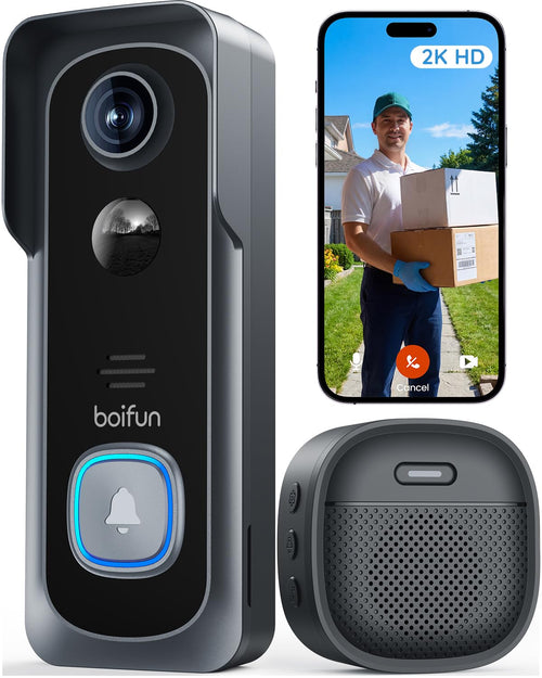 BOIFUN WLAN Video Türklingel mit Kamera 2K, Nachtsicht und Chime, J1, kabellose Montage