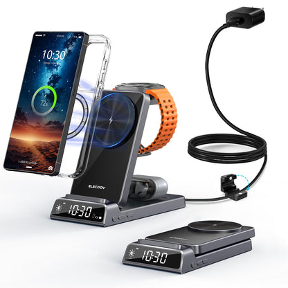 Elecdov 3-in-1 kabellose Ladestation, magnetisch für Samsung, faltbar mit Digitaluhr
