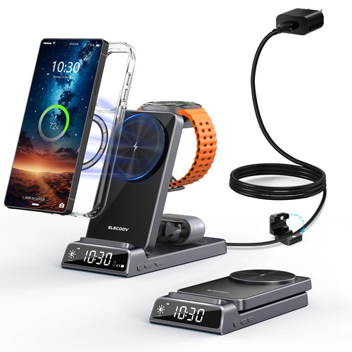 Elecdov 3-in-1 kabellose Ladestation, magnetisch für Samsung, faltbar mit Digitaluhr