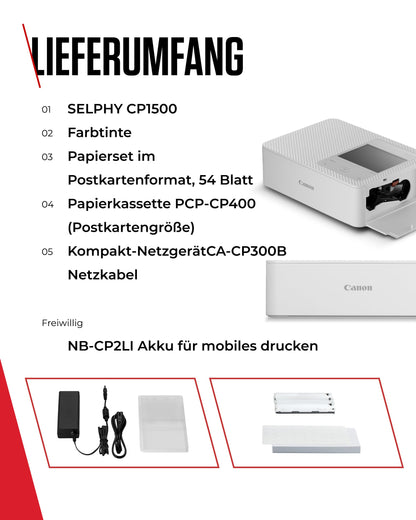 Canon SELPHY CP1500 Mobiler Fotodrucker - Weiss mit Papierset
