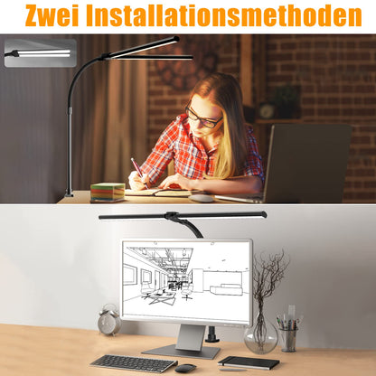LOTTBUTY Doppelkopf LED-Schreibtischlampe, dimmbar, klemmbar, schwarz