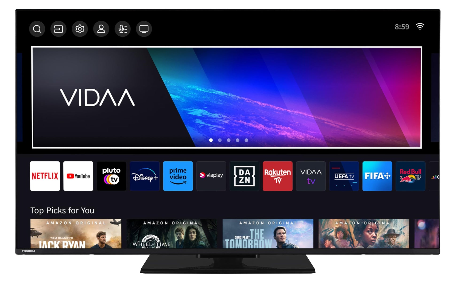 Toshiba 50UV3463DAW 50 Zoll 4K UHD HDR VIDAA Smart TV. Rechteckiger, schwarzer Fernseher für 4K HDR Wiedergabe und Smart-TV-Funktionen.
