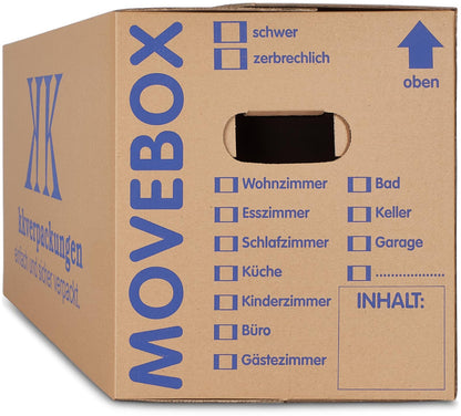 KK Verpackungen Movebox Umzugskartons zweiwellig, 30 Stück – Karton mit Tragegriffen und Beschriftungsfeldern