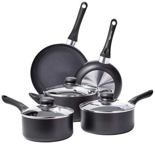 Amazon Basics Kochgeschirr-Set 8-teilig, Antihaftbeschichtung, Schwarz – aus Aluminium mit Glasdeckeln
