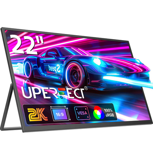 UPERFECT 22 Zoll 2K QLED tragbarer Monitor QHD IPS Display: Schwarzes, flaches Display zur mobilen Bildschirmerweiterung.