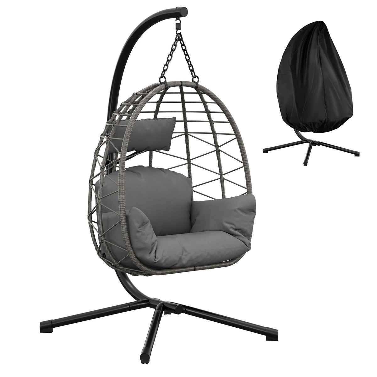 GarveeHome Hängesessel mit Gestell, PE-Rattan, bis 150 kg, Grau, inklusive Sitzpolster