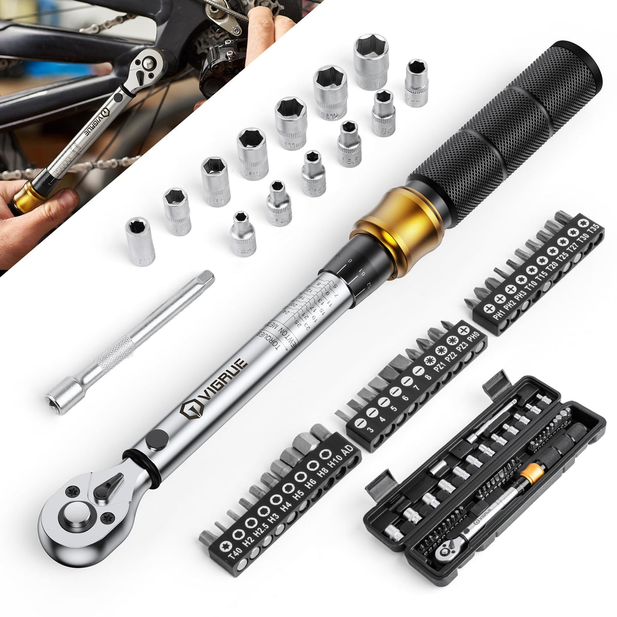 VIGRUE Drehmomentschlüssel 1/4 Zoll 5-25 Nm Set, ±4% Genauigkeit, mit Bits und Stecknüssen im Koffer