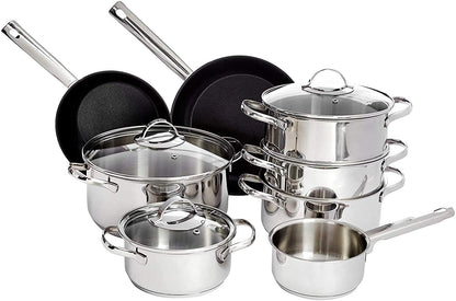 Amazon Basics 11-tlg. Kochgeschirr-Set Edelstahl Induktion. Mehrteiliges Kochgeschirr aus Edelstahl zum Kochen & Braten auf Induktionskochfeldern.