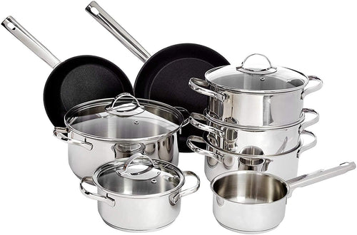 Amazon Basics 11-tlg. Kochgeschirr-Set Edelstahl Induktion. Mehrteiliges Kochgeschirr aus Edelstahl zum Kochen & Braten auf Induktionskochfeldern.