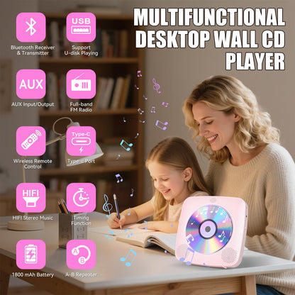 Gueray Desktop CD-Player mit Bluetooth und FM-Radio, Rosa