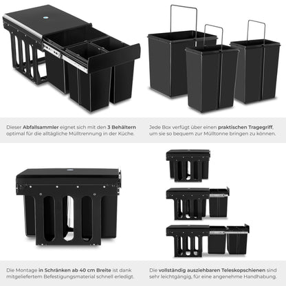 tectake Mülltrennsystem Einbau 3 Fächer (2x 8L + 15L)