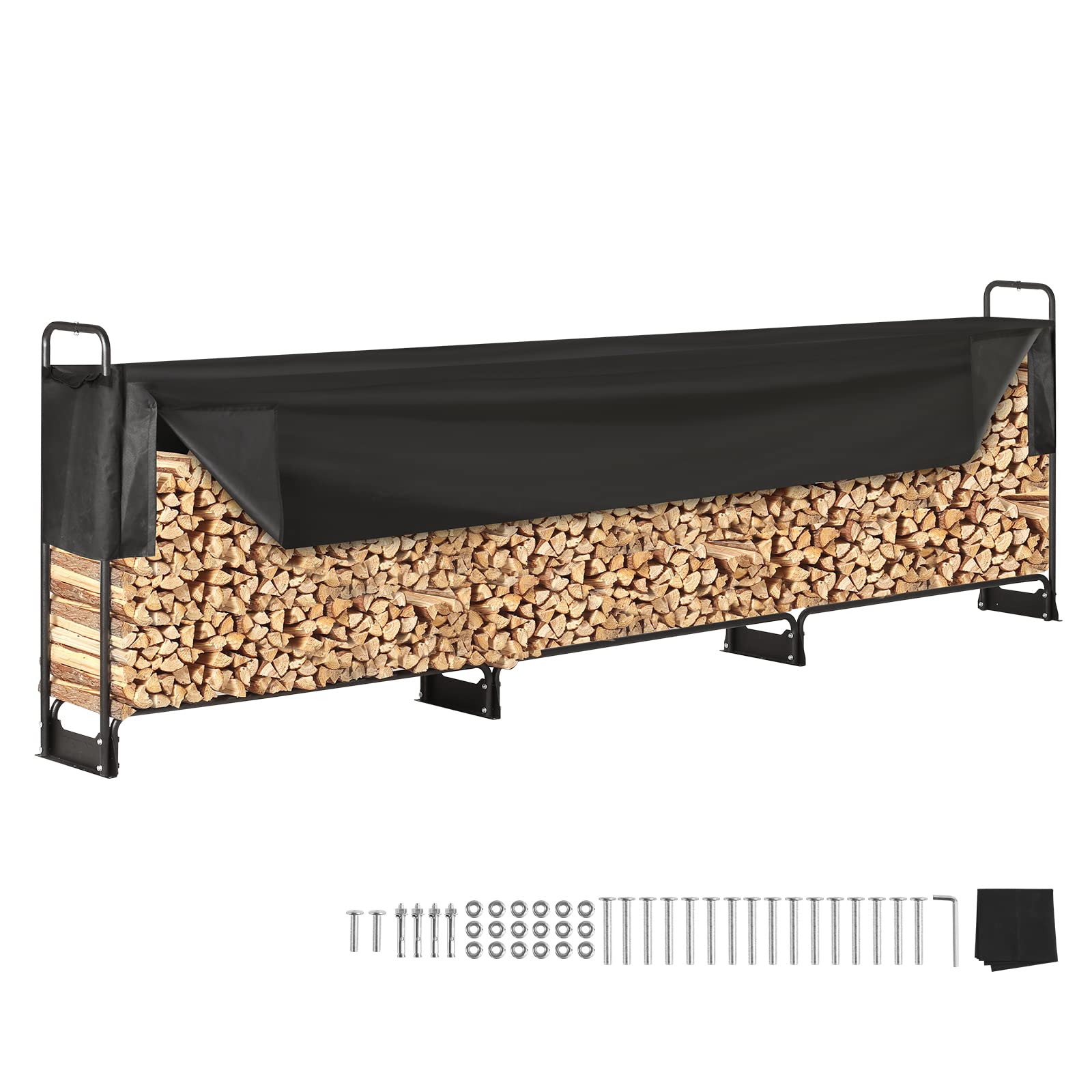 VEVOR Kaminholzregal Metall mit Abdeckung 386x36x117 cm. Dunkles Metallgestell, rechteckig, mit Abdeckung zum Schutz von Brennholz.