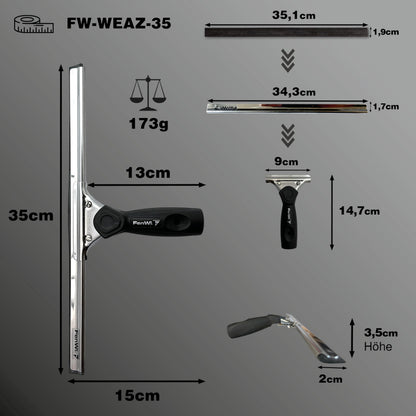 FenWi Fensterabzieher 35 cm mit Gummilippe und Edelstahl-Abziehschiene