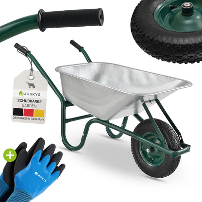 Juskys Garden Schubkarre, 100L verzinkter Silber-Kippbehälter zum Transport von Gartenmaterialien.
