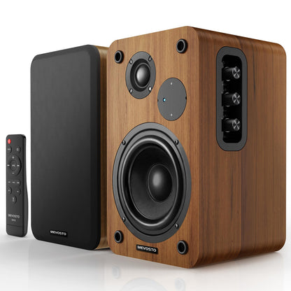 MEVOSTO Aktive Bluetooth Regallautsprecher - Holzoptik. Rechteckige Lautsprecher in Holzoptik für kabelloses Audio-Streaming.