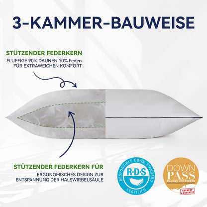DOWNFOCUS Kopfkissen 80x80, 3-Kammer Daunen-Federkissen, Oeko-Tex