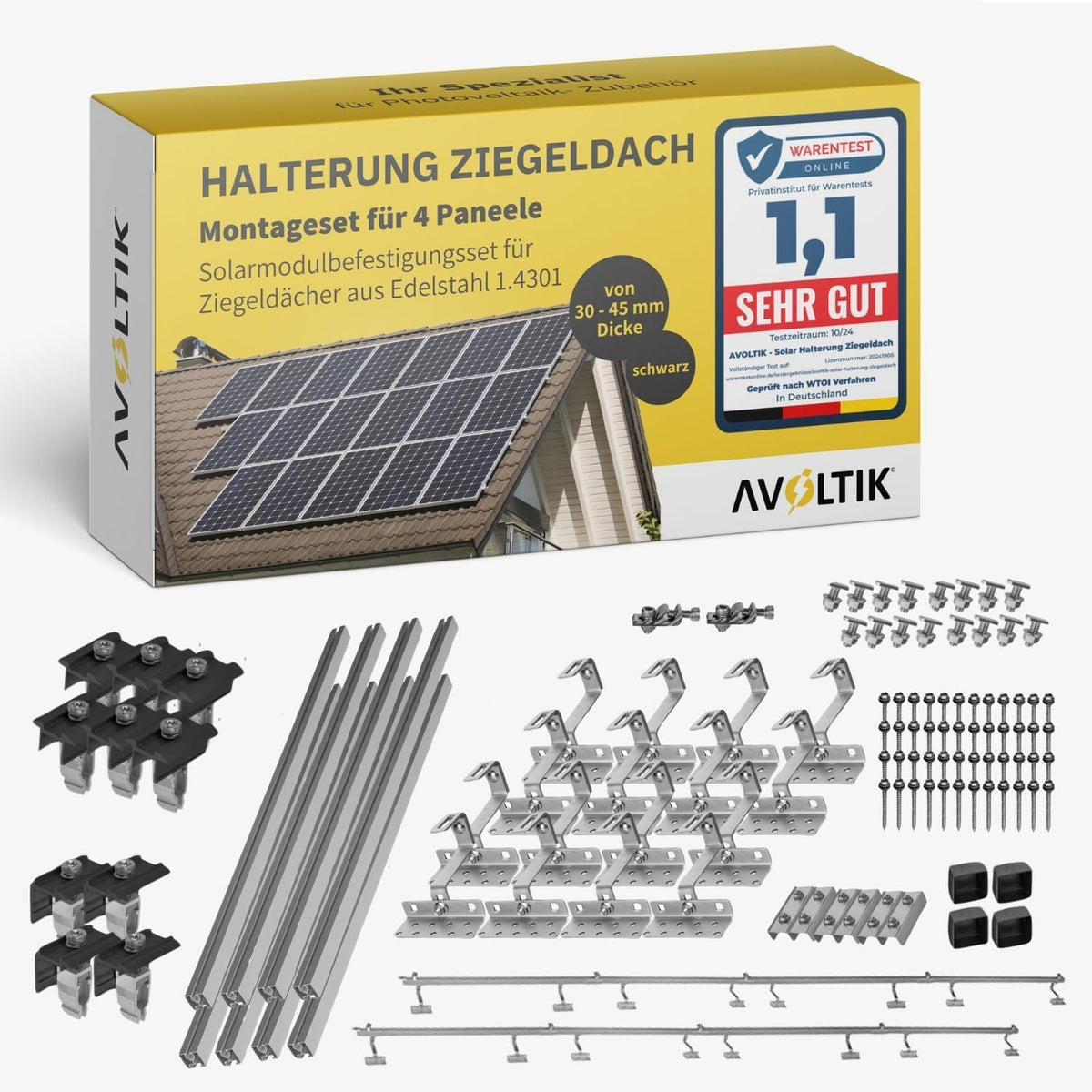 Avoltik Solar Halterung Ziegeldach Set für 4 PV Module 30-45 mm mit Edelstahl-Dachhaken und Aluminiumschienen