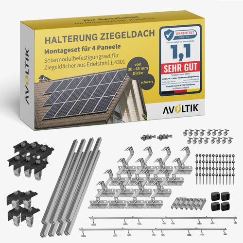 Avoltik Solar Halterung Ziegeldach Set für 4 PV Module 30-45 mm mit Edelstahl-Dachhaken und Aluminiumschienen