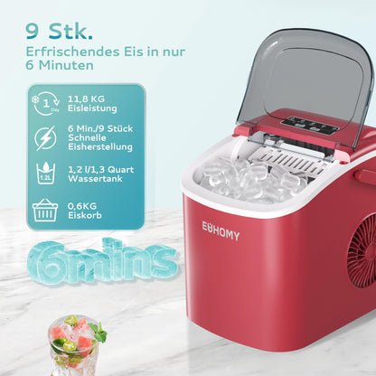 EUHOMY Eiswürfelmaschine Klein, 12 kg/Tag, Selbstreinigend, Rot