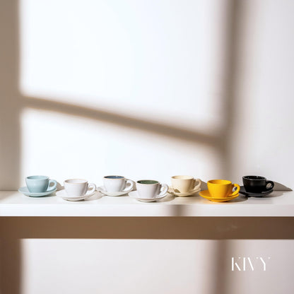 KIVY Cappuccino Tassen 4er Set aus Steingut mit Untertassen, grau