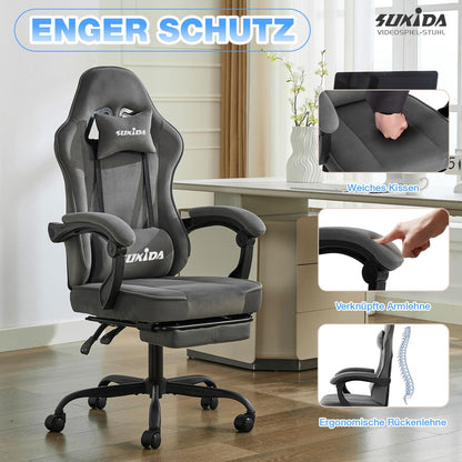 SUKIDA Gaming Stuhl aus Stoff mit Fussstütze, ergonomisch, grau