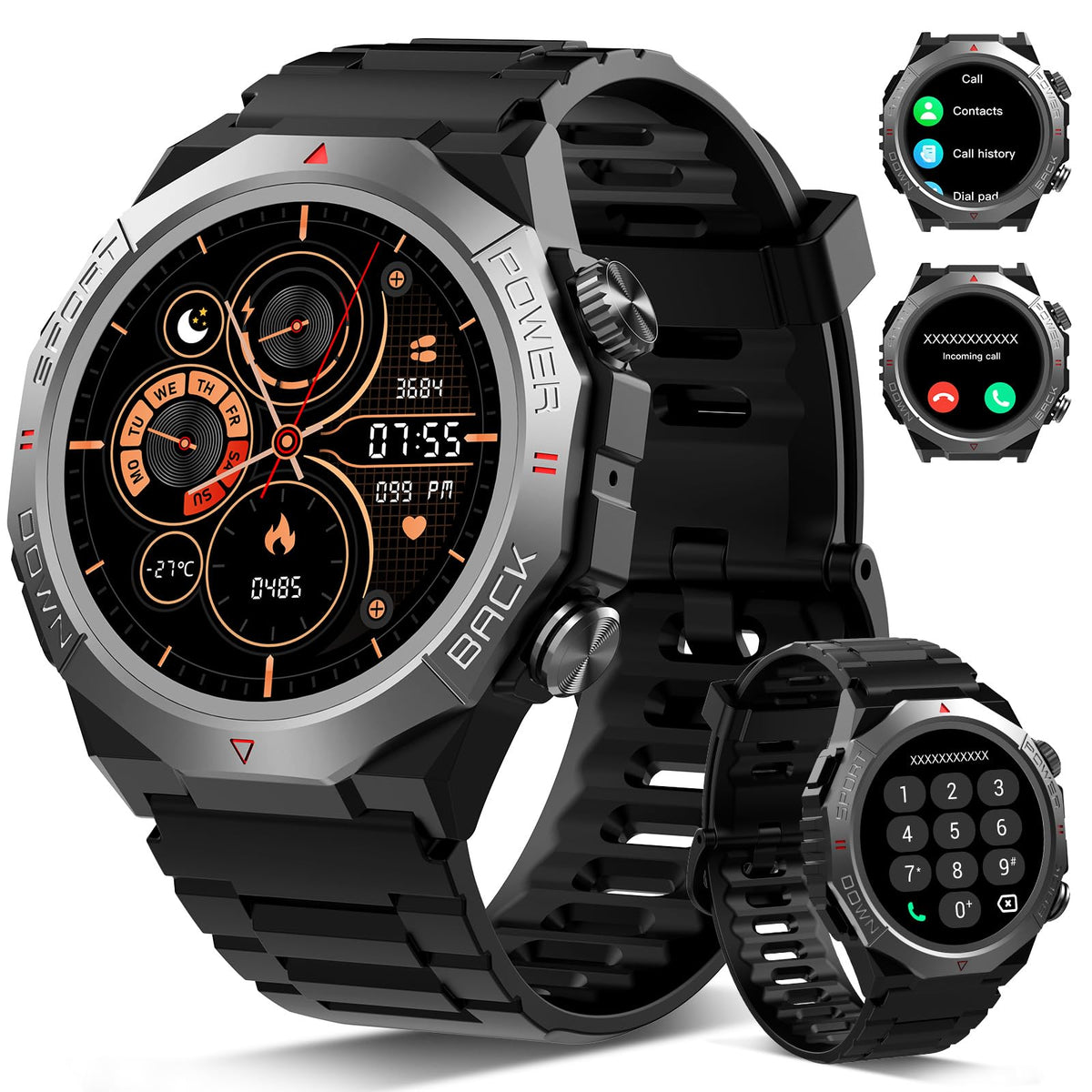 Atheewon S10 Militär-Smartwatch mit Telefonfunktion IP68 Schwarz, 1,39 Zoll Touchscreen, Legierungsrahmen