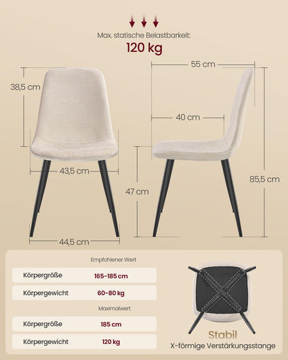 VASAGLE KDC188W01 Esszimmerstuhl 4er Set - Cremeweiss Chenille-PU